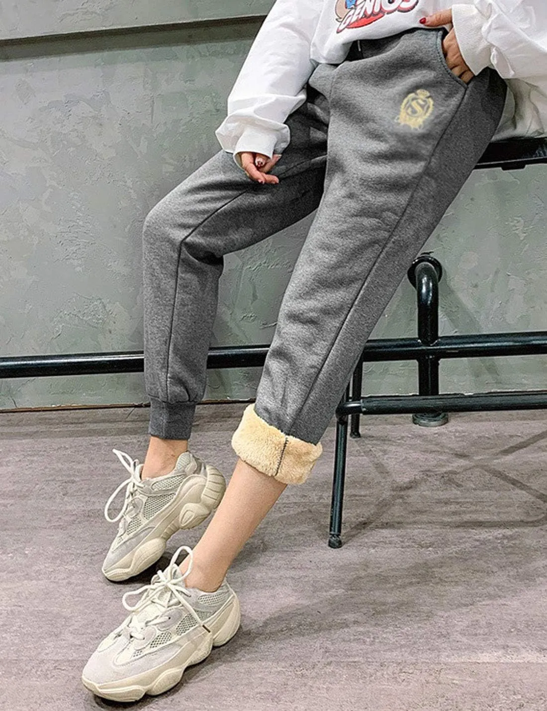 ZGZZ7 Women's Winter Sherpa-Lined Sweatpants Embroidered Athletic Fleece Joggers Pants