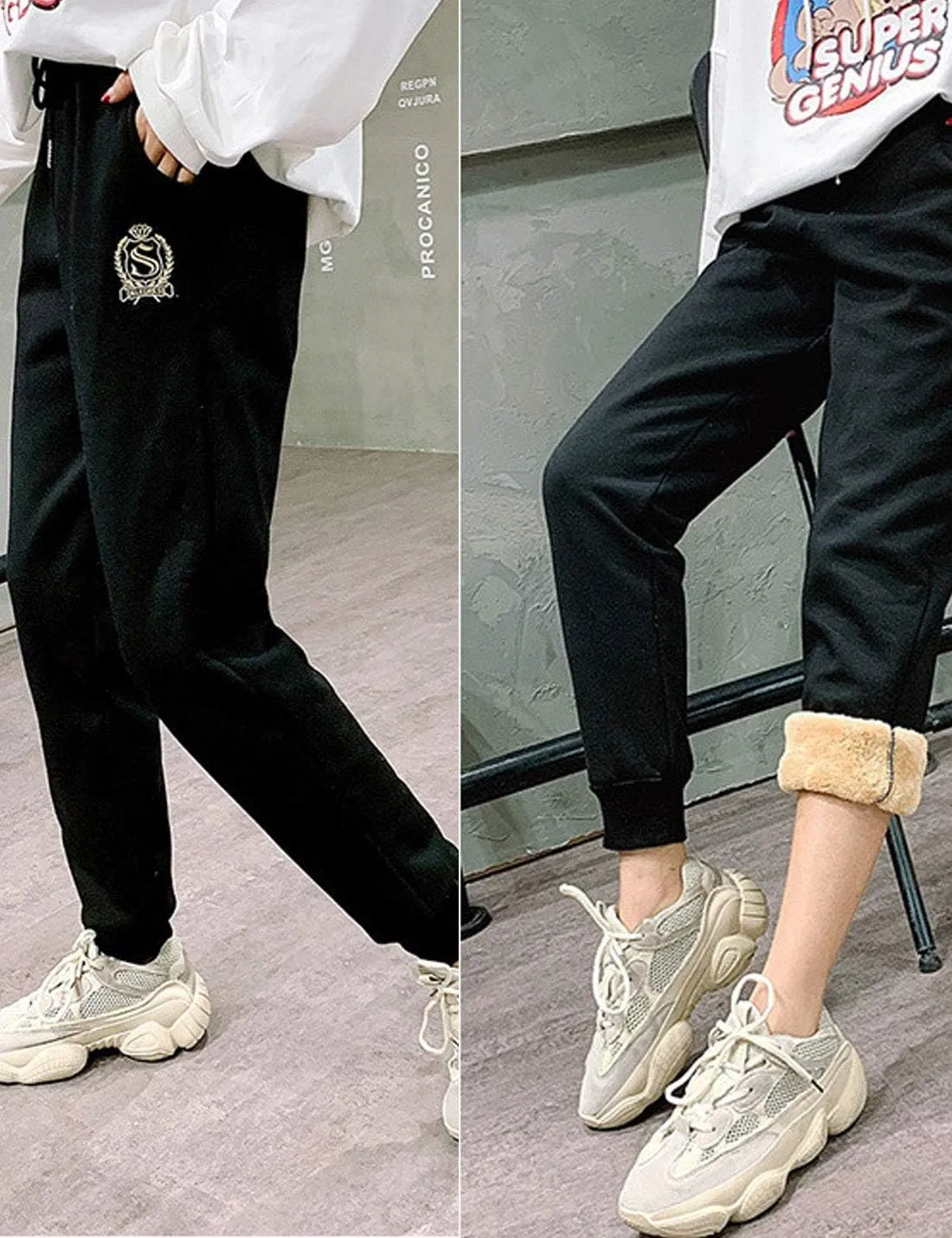 ZGZZ7 Women's Winter Sherpa-Lined Sweatpants Embroidered Athletic Fleece Joggers Pants