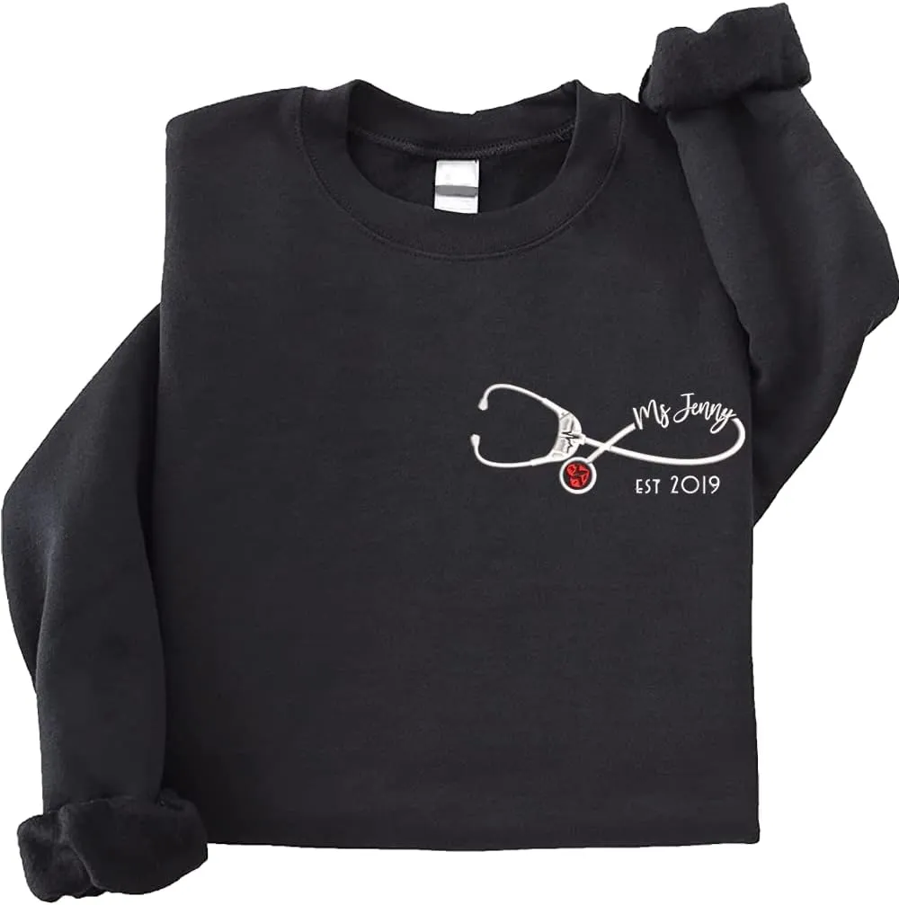 ZI POD-Personalized Nurse Embroidered Sweatshirts Custom Name And Date For Women, Nurse Birthday Gifts Shirt, Nurse Sweater