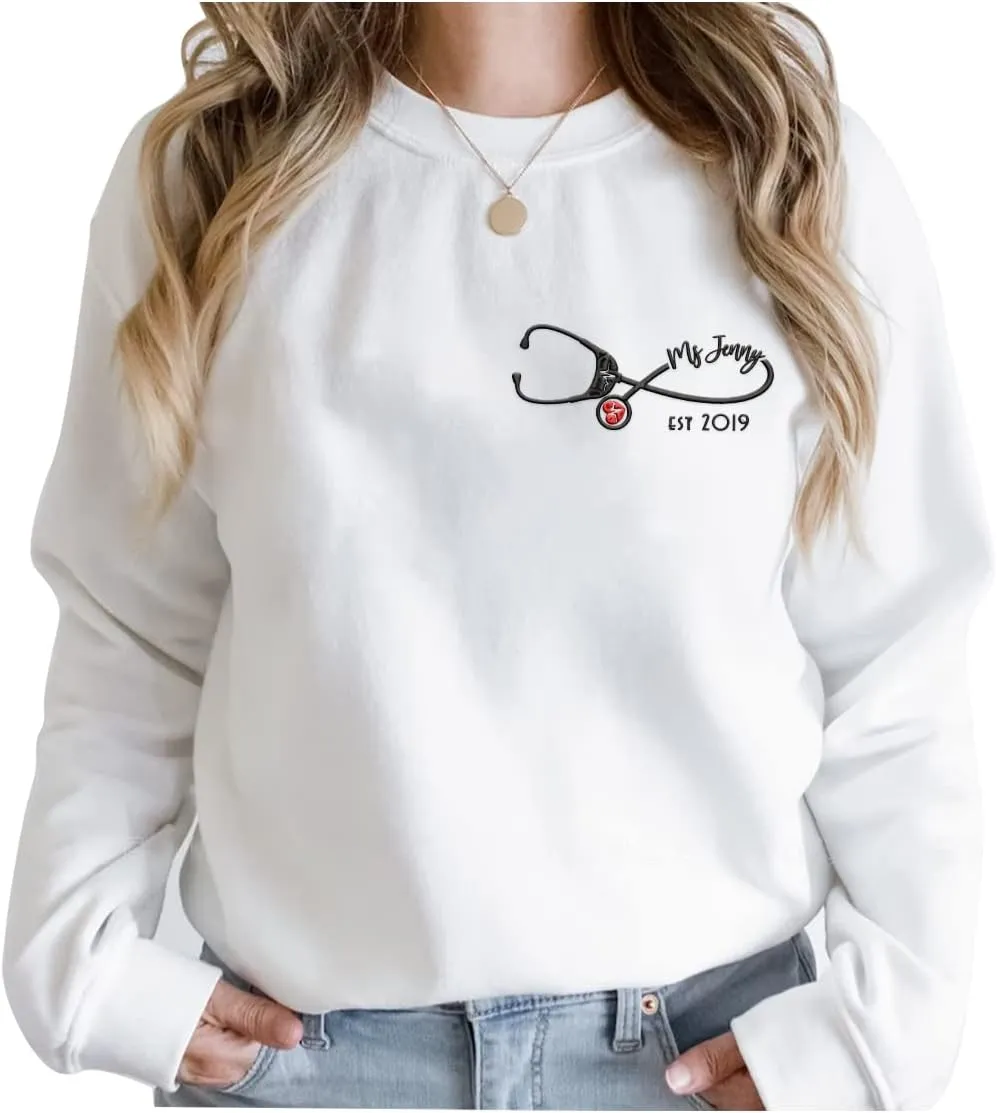 ZI POD-Personalized Nurse Embroidered Sweatshirts Custom Name And Date For Women, Nurse Birthday Gifts Shirt, Nurse Sweater