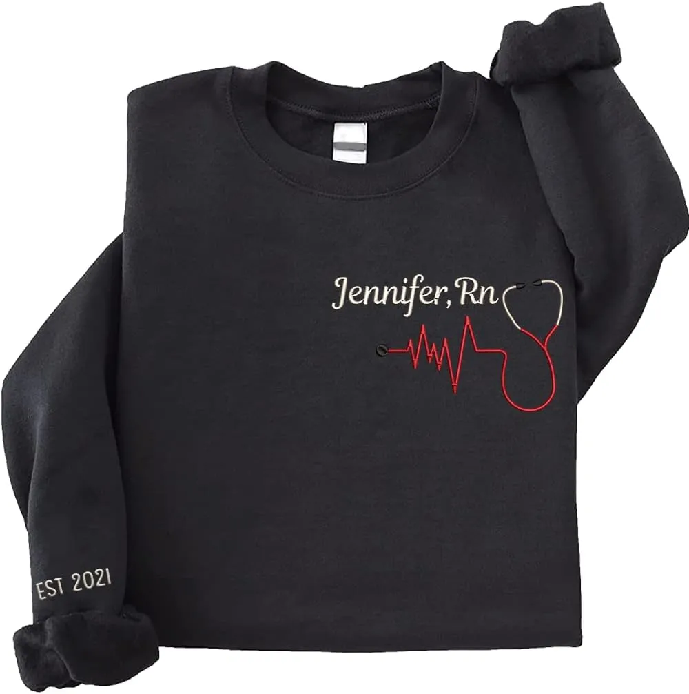 ZI POD-Personalized Nurse Embroidered Sweatshirts Custom Name And Date For Women, Nurse Birthday Gifts Shirt, Nurse Sweater