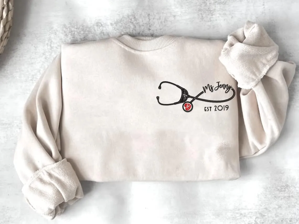 ZI POD-Personalized Nurse Embroidered Sweatshirts Custom Name And Date For Women, Nurse Birthday Gifts Shirt, Nurse Sweater
