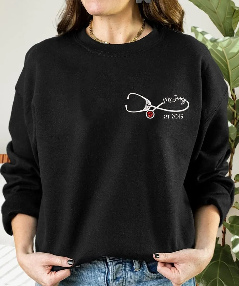 ZI POD-Personalized Nurse Embroidered Sweatshirts Custom Name And Date For Women, Nurse Birthday Gifts Shirt, Nurse Sweater