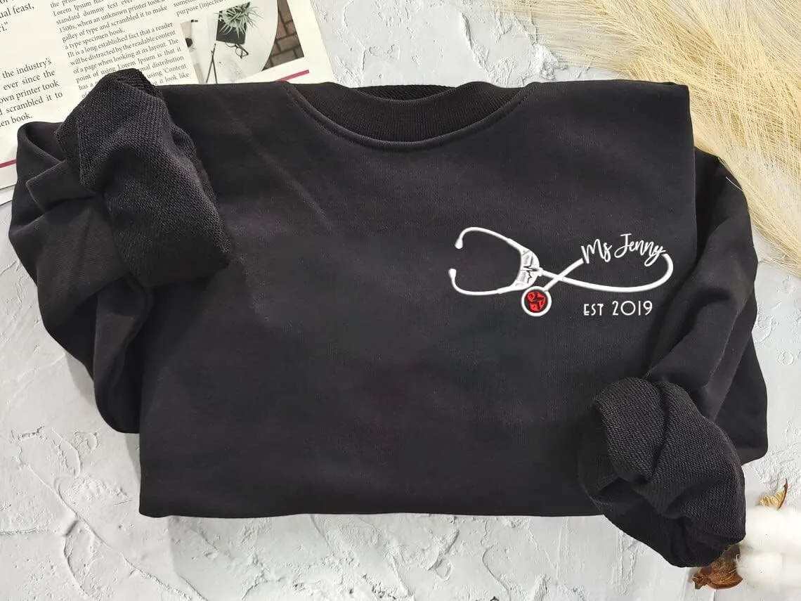ZI POD-Personalized Nurse Embroidered Sweatshirts Custom Name And Date For Women, Nurse Birthday Gifts Shirt, Nurse Sweater
