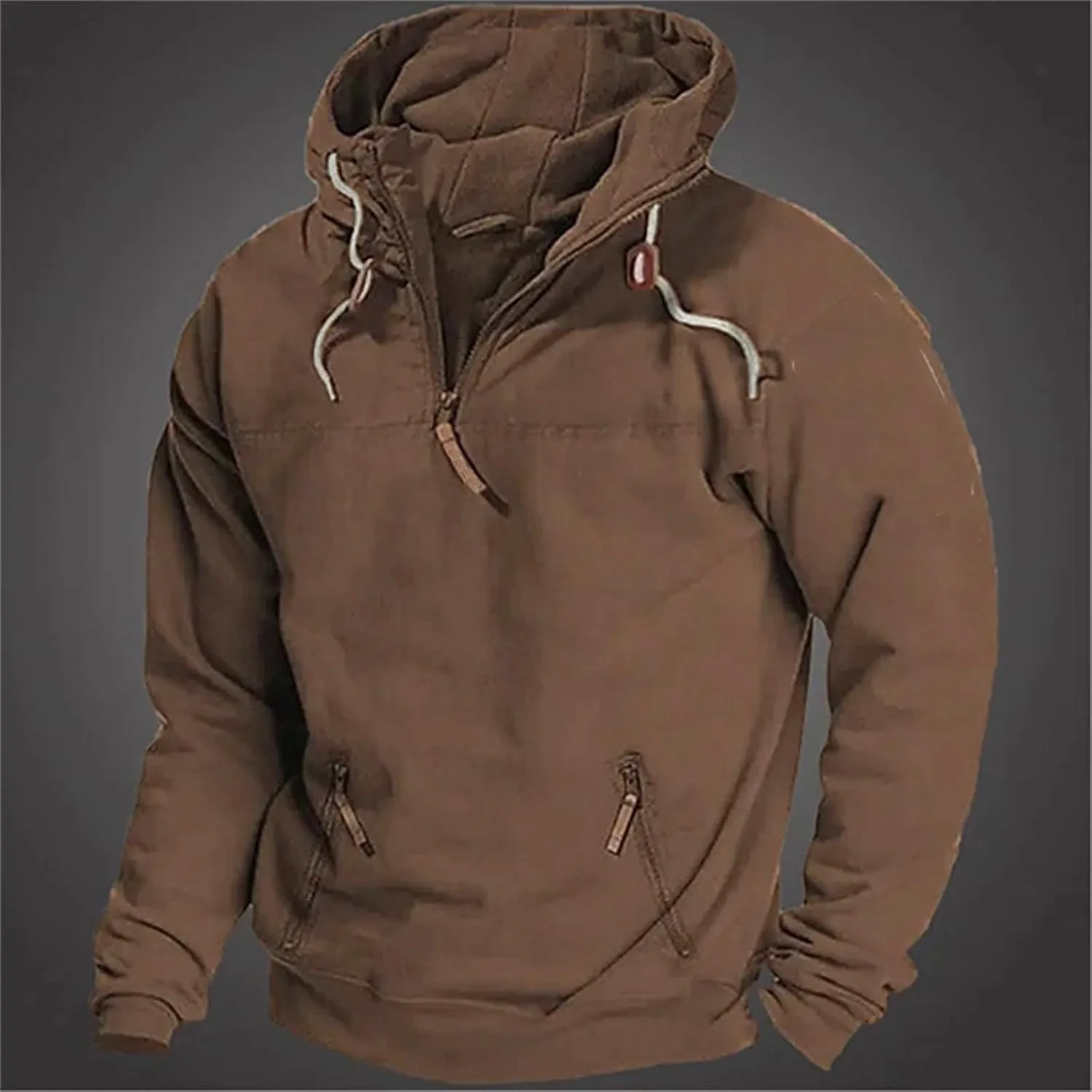 Zip Up Hoodie Men Winter Vintage Long Sleeve Hoodie Half Zipper Hooded Sweatshirt Top Workwear Multi Pocket Men Men